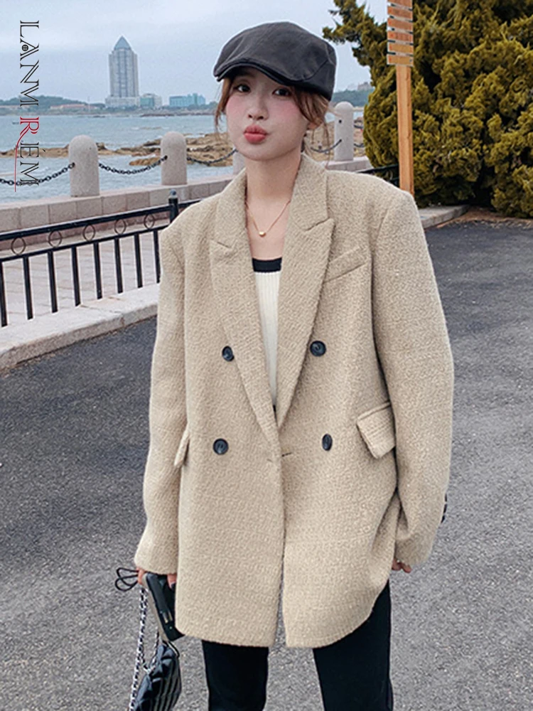 

LANMREM Vintage Woolen Blazer Women Notched Collar Long Sleeves Double Breasted Solid Color Coat Fashion 2023 Winter New 2AA2584