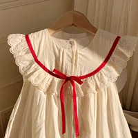 Robe exquise pour petites filles, col en dentelle à volants, garnie de ruban rouge, dentelle à pois rouge découpée, broderie sur la jupe pour enfants 2
