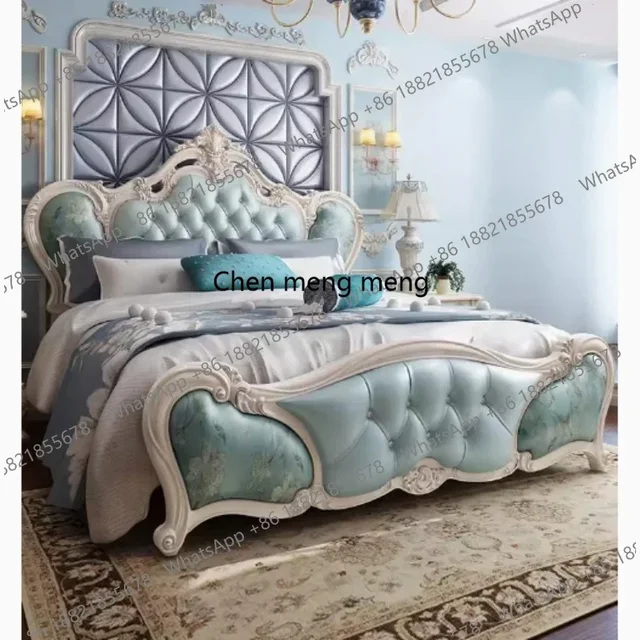 D80 Simple Headboard Double Bed Wood European King Size Living Room Double Bed Princess Modern Cama Matrimonial Bedroom Furnitur 4