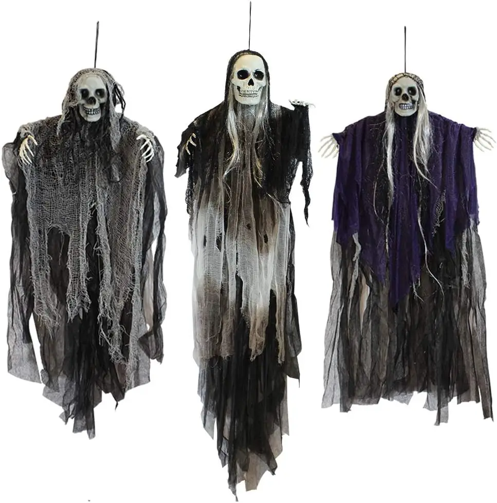 Esqueleto Fantasma Colgante Para Halloween - 100 Cm De Alto, Con Gasa Roja, Decoración De Terror