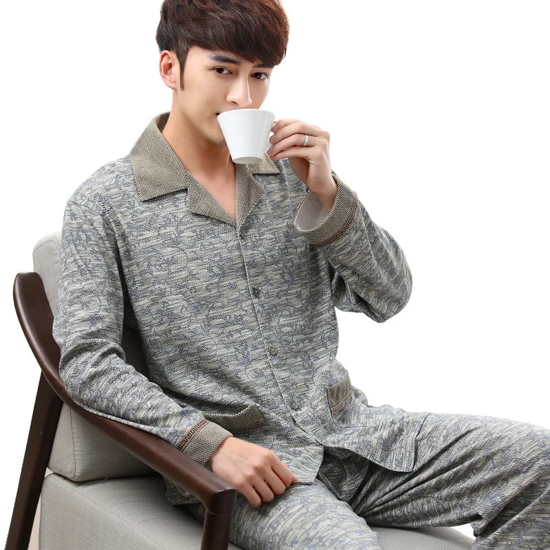 Pajama Sets Men Spring Fall Winter Cotton Long-Sleeved Large Size Leisure Sleepwear