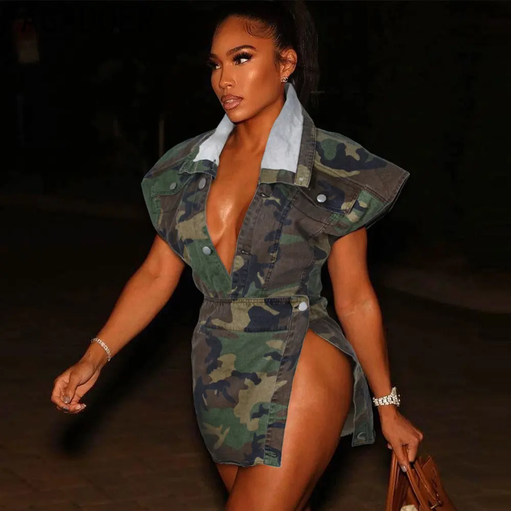 

FAGADOER Sexy Deep V Camouflage Two Piece Sets Women Lapel Slereveless Top And High Side Slit Mini Skirts Outfits Fashion Street