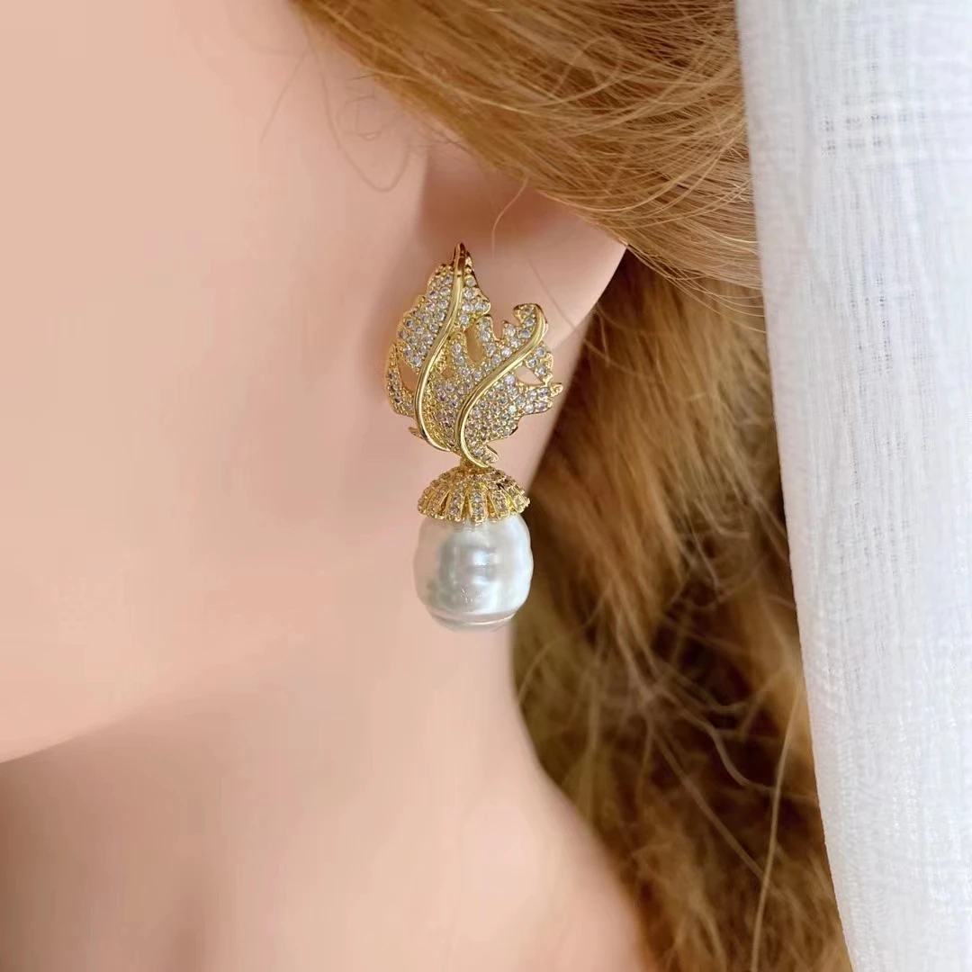 Natural White Keshi Baroque Pearl White Gold Color Plated CZ Paved Stud Dangle Earrings For Women