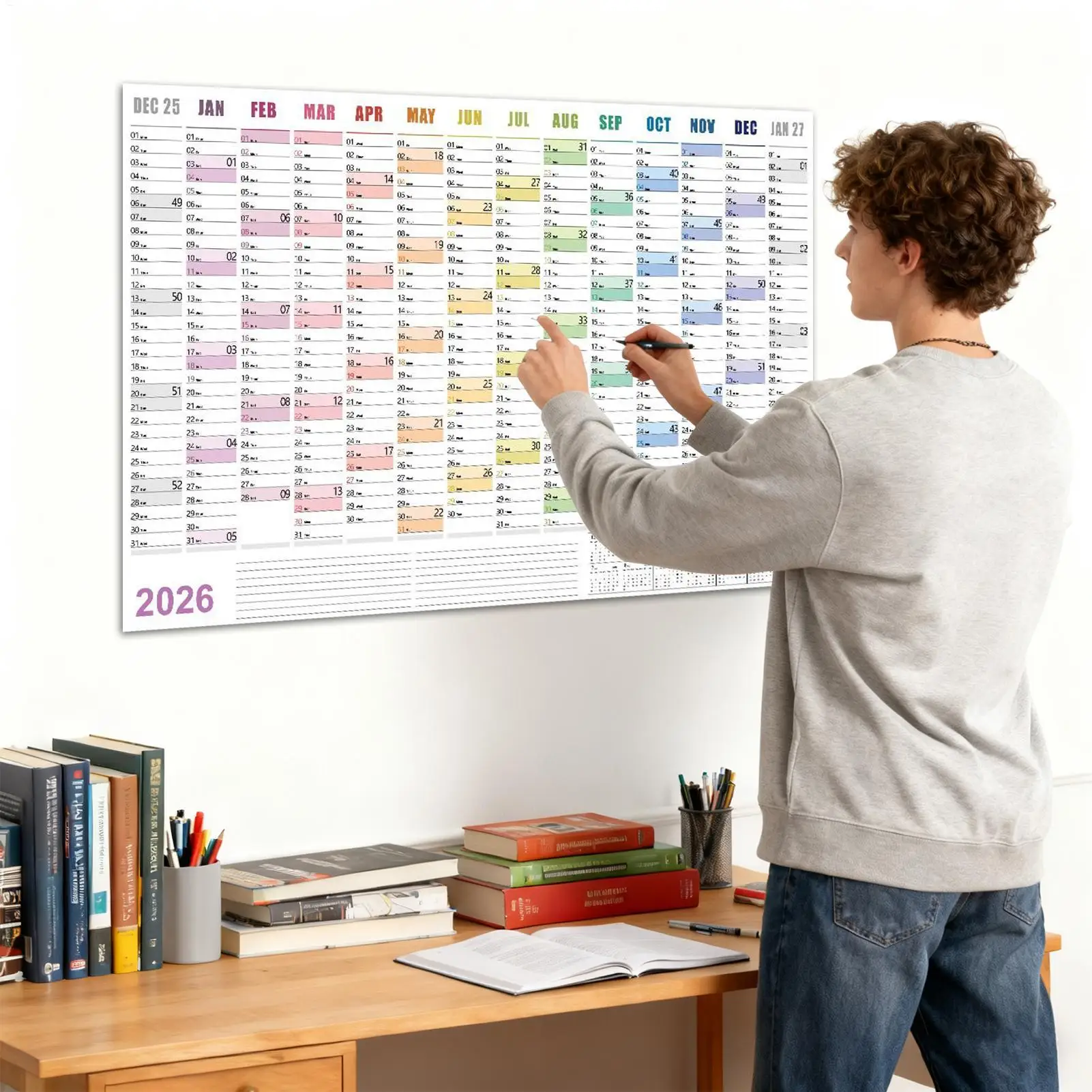 Grande Calendario da Parete 2026 29x20 Pollici con Adesivi, Planner Mensile per Ufficio, Casa, Scuola, Organizzatore di Orari di Studio, Lavagna per Appunti - immagine 2