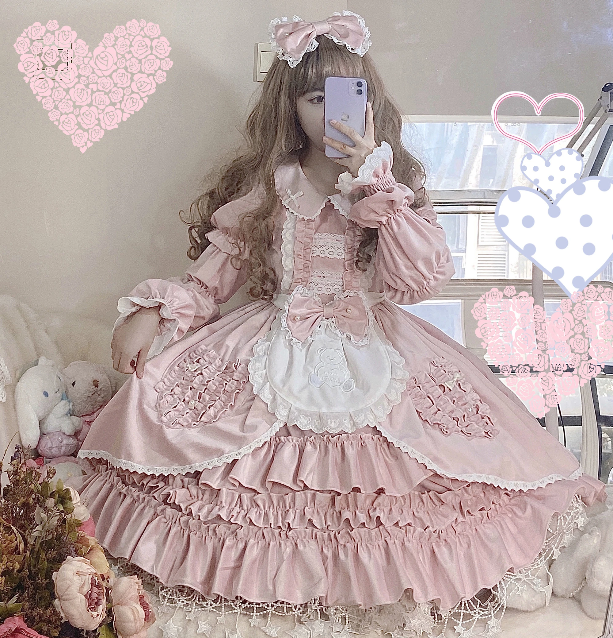 Antique Doll Original Design Women S Lolita Detachable Long Short Sleeve Pink Dress With Apron Gorgerous Cute Girl One Piece Dresses Aliexpress