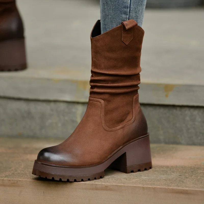 

Winter Boots Round Toe Women Platform Shoes Ladies Warm Boots Retro Pleated Thick Heel Shoes Woman Cowhide Spring Autumn Botas