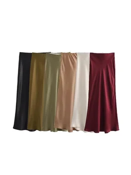 Women's Soft Touch Silk-Like Midi Skirt High Waist Elastic Waistband Chic Fashion Female Skirts Elegant Mujer 1