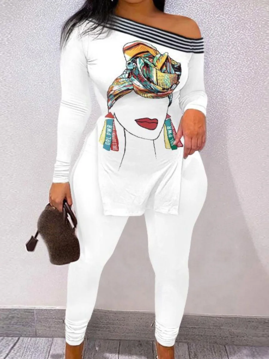 Plus Size Letter Print Striped Pants Set One Shoulder Long Sleeve Sexy Women Suit Autumn 2