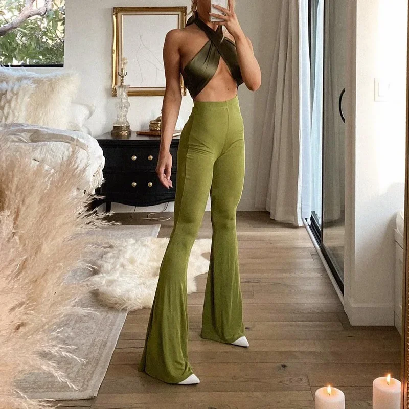 Fashion Vintage Push Up Flared Pants Y2k Women High Waist Bodycon Long Trousers Casual Solid Green Black Stretch Joggers Spring