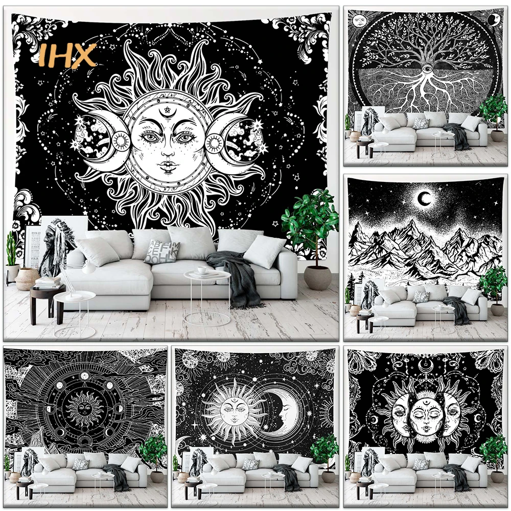White Black Sun Moon Mandala Tapestry Boho Room Aesthetics Decoration Witchcraft Supplies Wall Hanging Home Decor |
