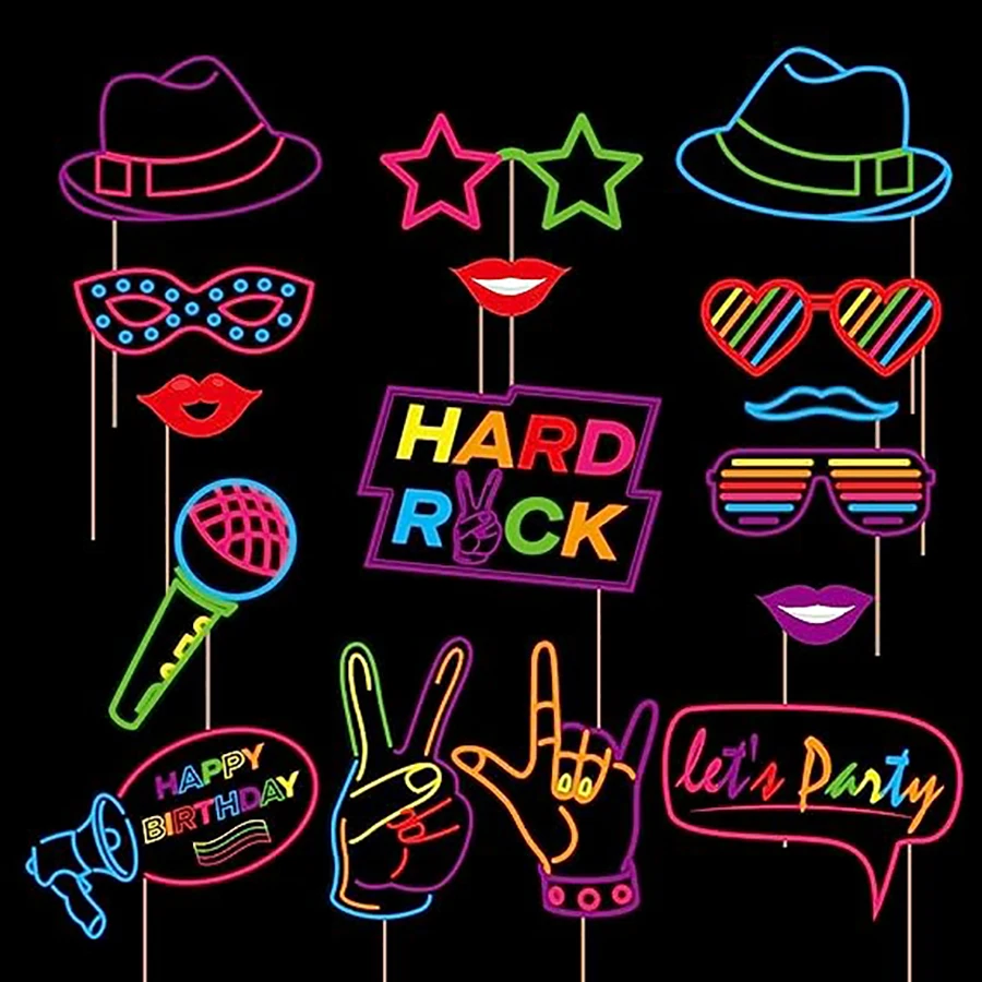 Glowing neon photo booth props with sticks that let us glow in the dark 16 party photo props party supplies fav