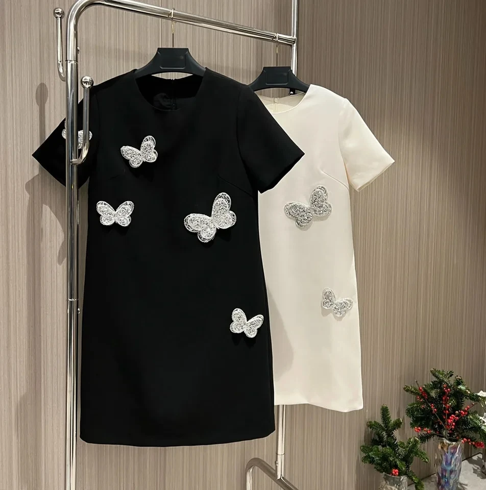 

2024 spring summer beading sequins butterflies women short sleeve dresses black white straight mini dress
