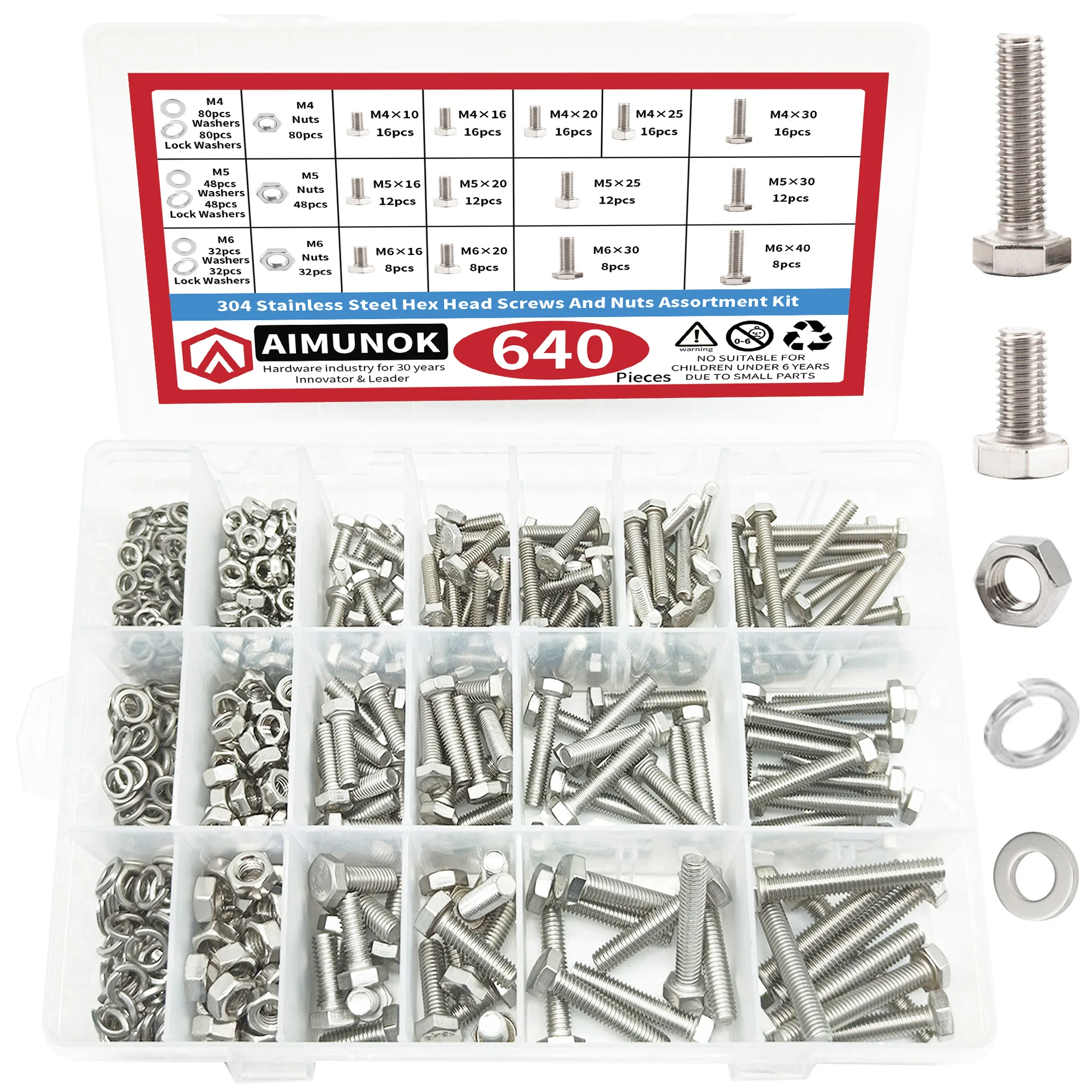 640pcs 304 Stainless Steel Hex Head Screws And Nuts Assortment Kit M4 M5 M6 Hexagon Bolt Screw And Nut Set Large Full Extension