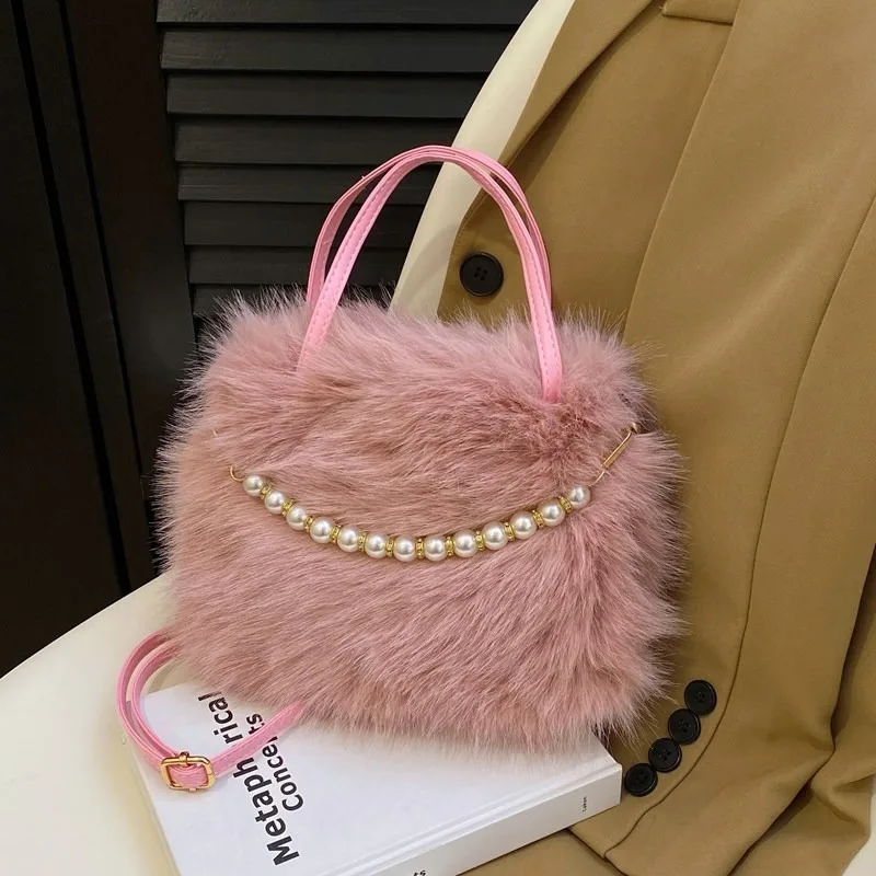 Fashion Women'S Bag, Plush Beaded Handheld Small Square Bag Texture Commuter Tote Bag Fury Simple Handbag Shoulder Crossbody Bag