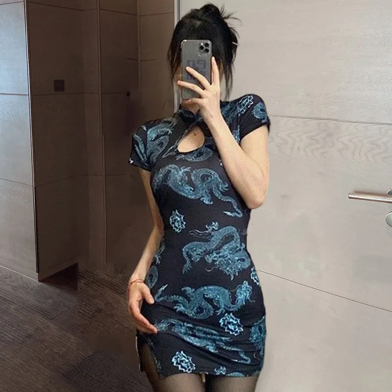 

2022 элегантный китайский Чонсам для женщин Лето Улучшенный Дракон ханьфу юбки в современном китайском стиле повседневное ретро платье с воротником-стойкой