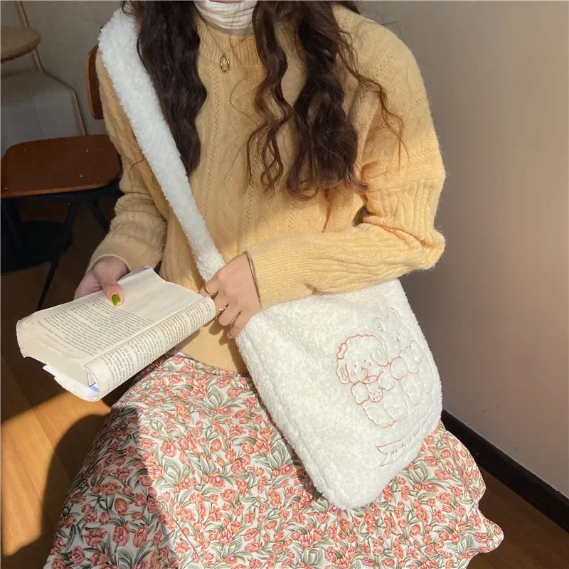 

Youda Fashion Women Shoulder Bags Female Winter New Plush Diagonal Bag Girl Heart Little Bear Embroidery Fluffy Cute Tote Pack