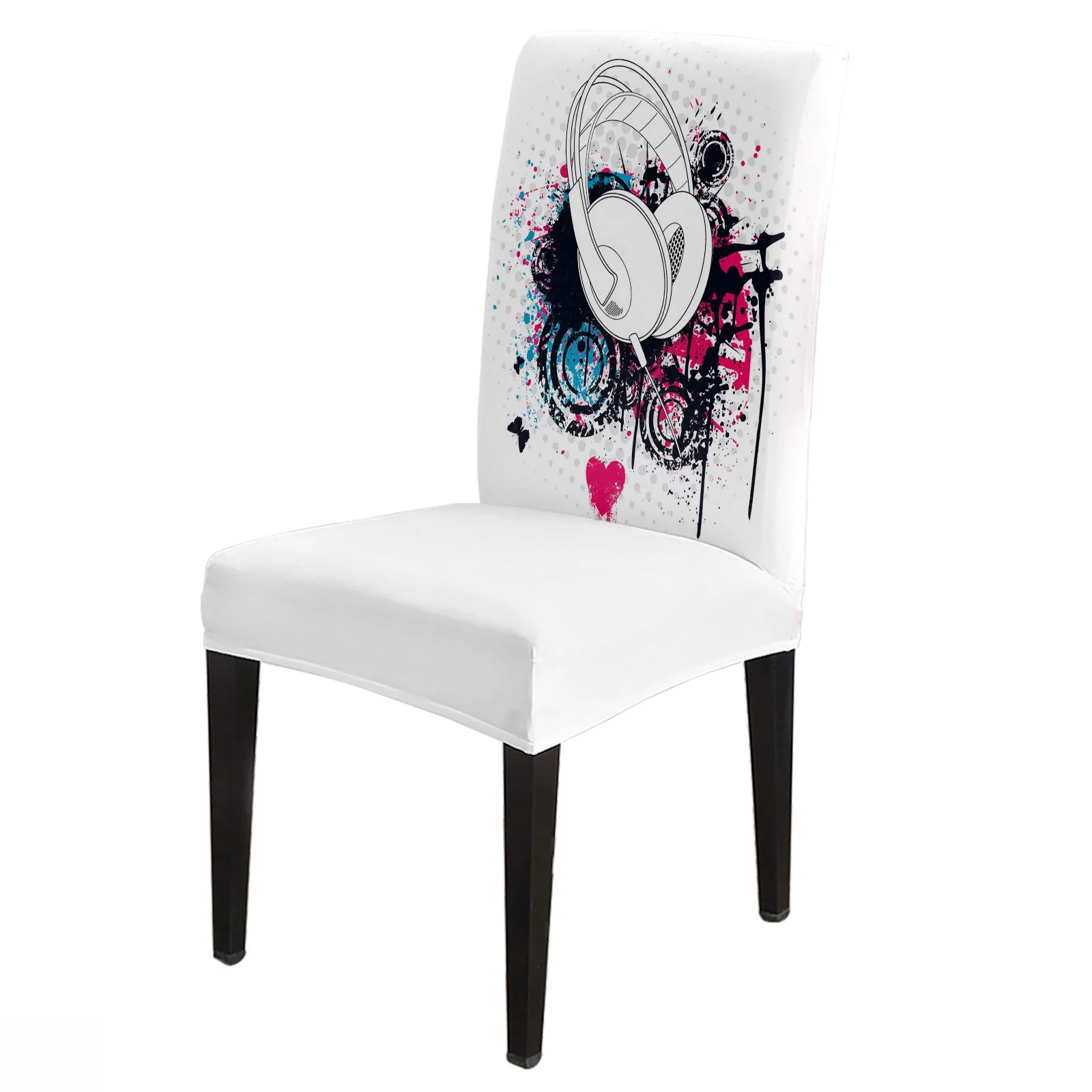 

White Earphone Music Art Dining Chair Cover Kitchen Stretch Spandex Seat Slipcover for Banquet Wedding Party