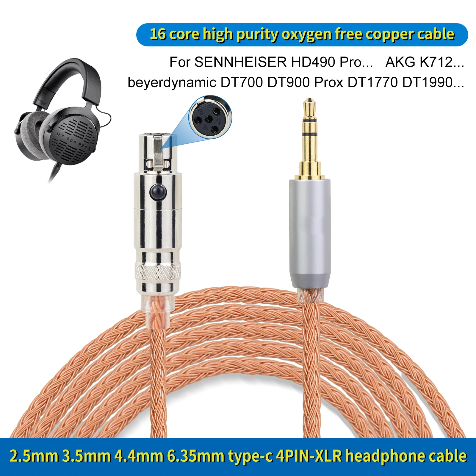 XLR/2.5/3.5/4.4mm to mini 4Pin XLR Headphone Cable for SENNHEISER HD490 Pro AKG K712 Beyerdynamic DT700 DT900 Prox DT1770 DT1990