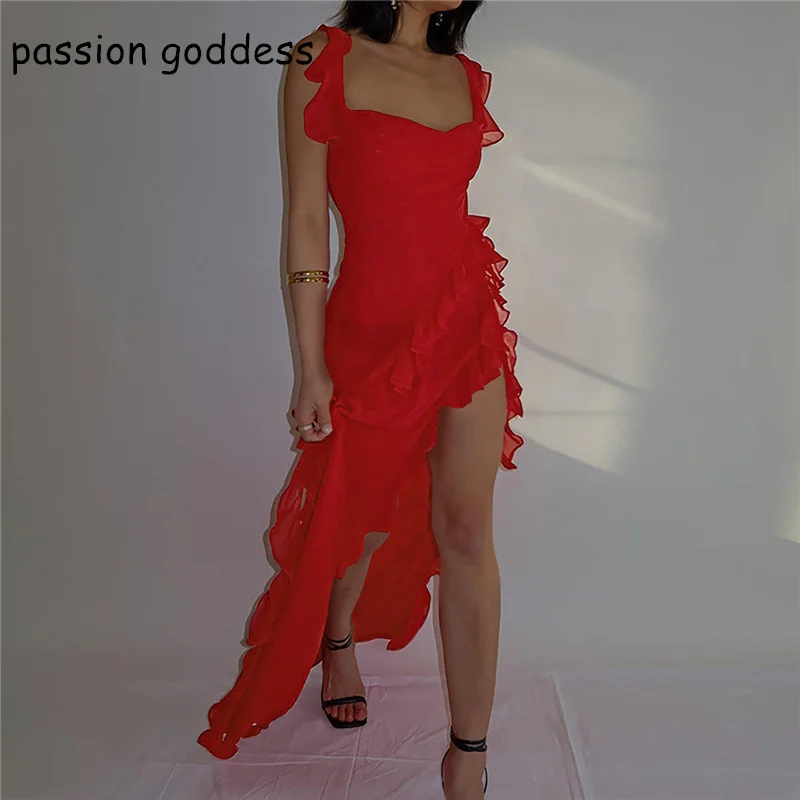 

Women Summer Sleeveless Elegant Ruffles Sexy Long Party Birthday Dress Square Collar Side High Split Irregular Night Club Dress
