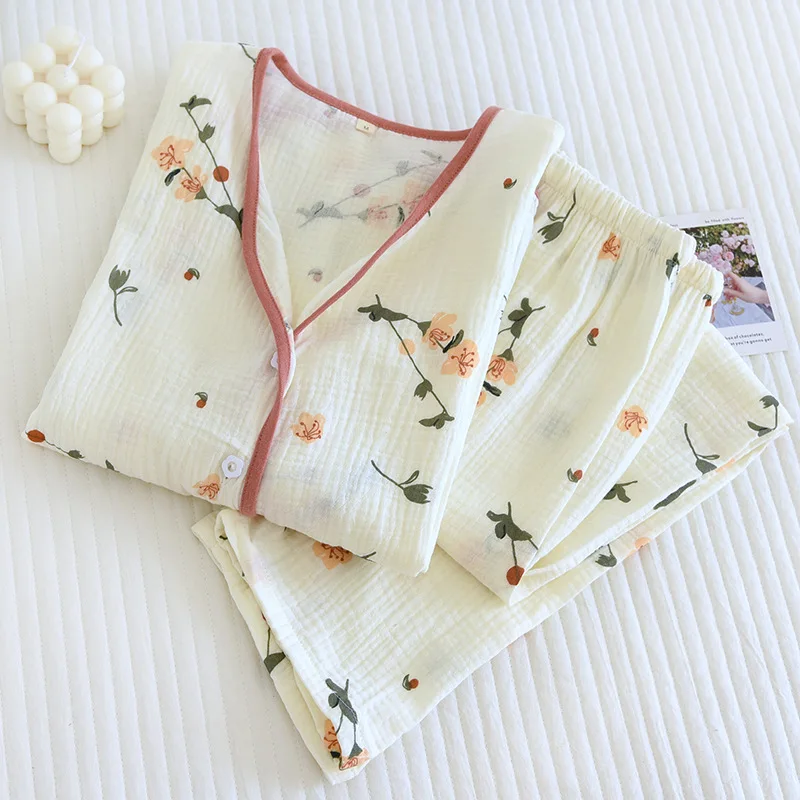 New Sleepwear Gauze Cotton Pajamas For Women Floral Long Sleeve Loungewear 2023 Spring Fashion Home Clothing Homewear