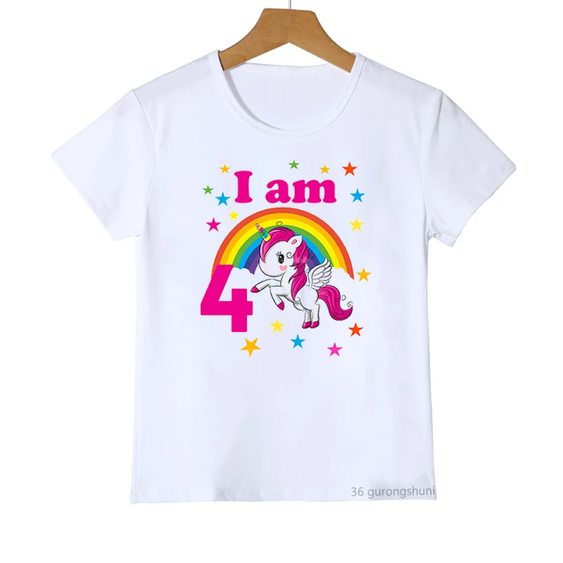 1-8th Rainbow Unicorn Birthday Number Print Girls T-Shirt Cute Kids Tshirt For Kids Birthday Party Clothing Baby T Shirt Tops 5