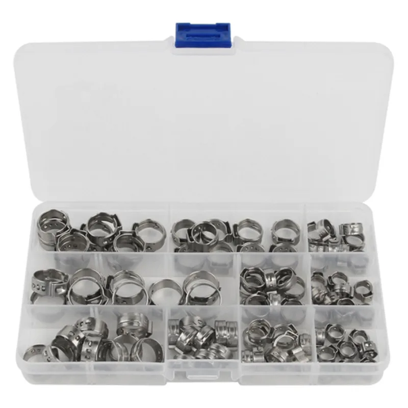 

100PCS Ear Stepless Pipe Clamps Clip 5.3mm-15.3mm Stainless Steel Single Ear Fuel Hose Clamps Assortment Wood Working Clamps