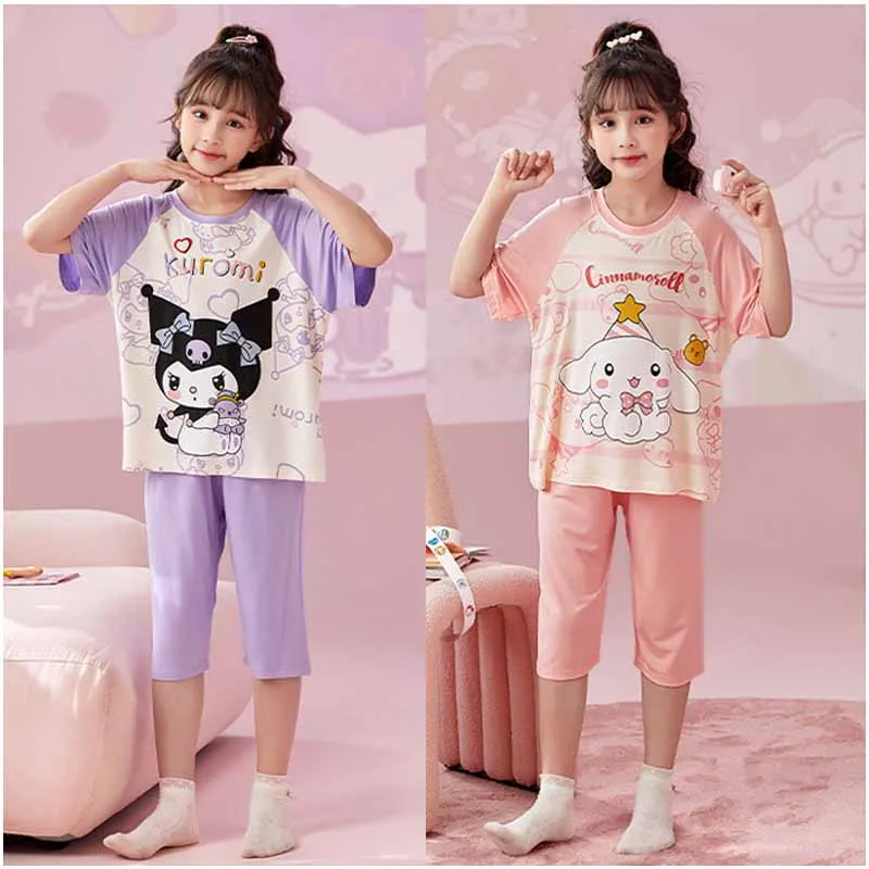 

Sanrios аниме Cinnamoroll Kuromi Детская летняя домашняя одежда ночное белье Мультяшные милые детские штаны с коротким рукавом для девочек пижама