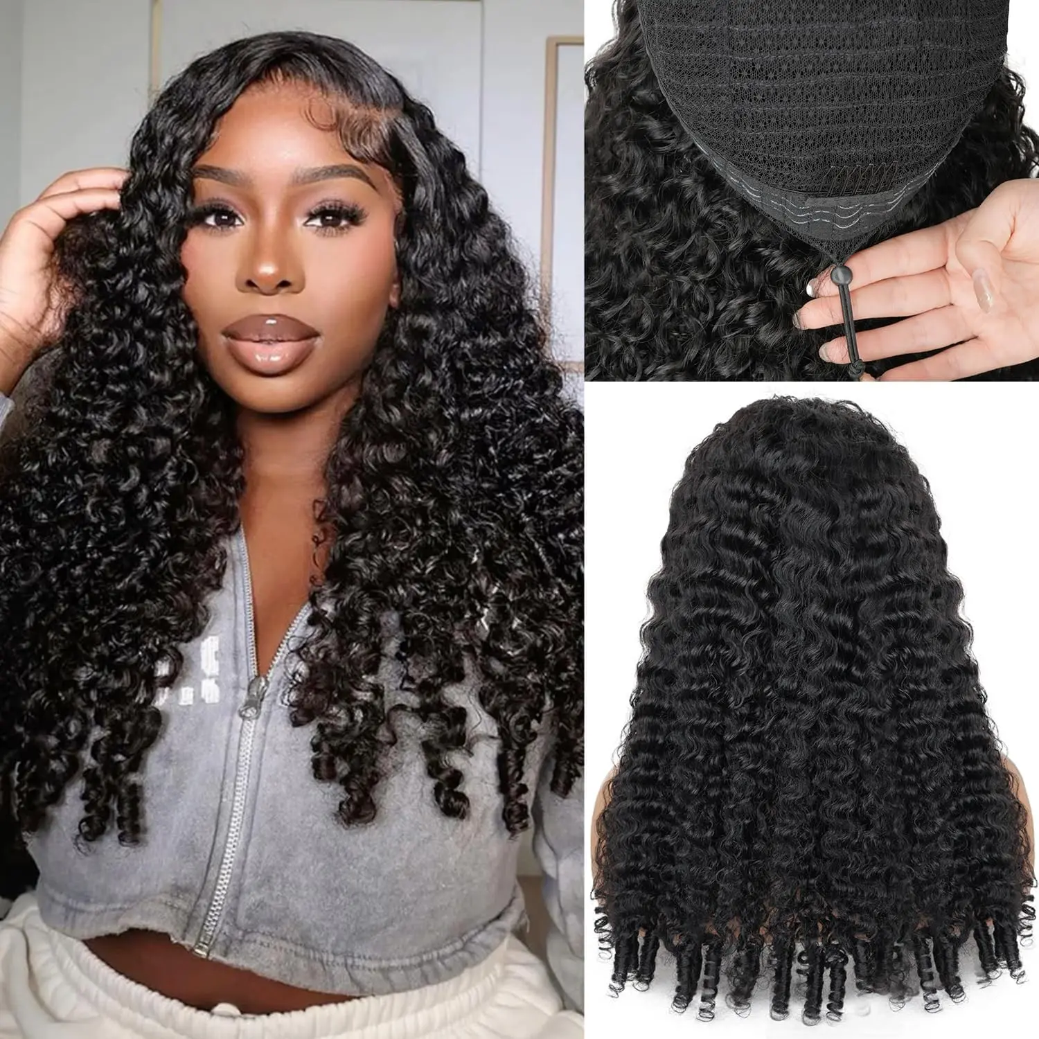 250% Glueless Wigs Human Hair Burmese Curly Headband Wig Upgrade 3 IN 1 Half Wig With Drawstring Seamless Clip Ins Flip Over