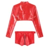 Men Glossy Patent Leather Costume Wetlook Outfit Long Sleeve Zipper Crop Top And Zip Crotch Boxer Shorts Set Clubwear Nightwear 5