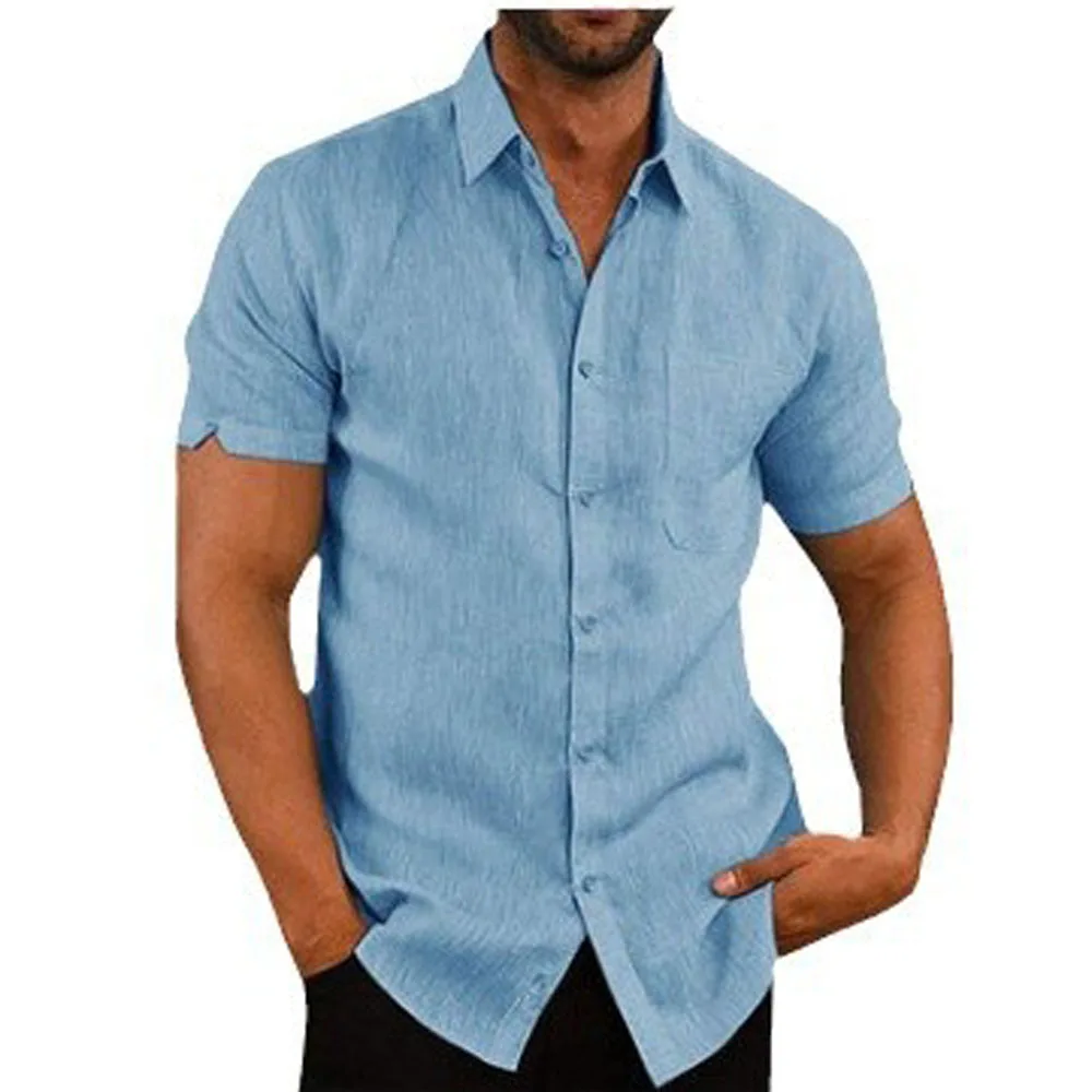 Mens Summer Short Sleeve Slim Fit Solid Color Blouse