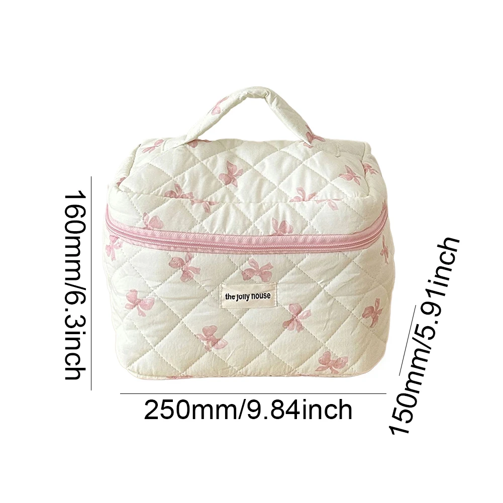 Cute Bow Makeup Organizer Storage Bag with Zipper Cosmetic Organizer Case Cotton Quilted Skincare Bag for Women Girls