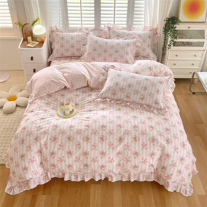Bonenjoy Pink Color Duvet Cover with Ruffles 100%Cotton Flower Printed housse de couette for Girls Pure Cotton Bed Cover King 2