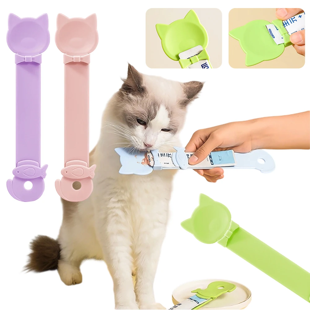 1PC 고양이 스트립 급식 스푼 긴 손잡이 핥을 수 있는 습식 사료 급식기 고양이용 애완동물 고기 진흙 사료 짜먹는 스푼 애완용품