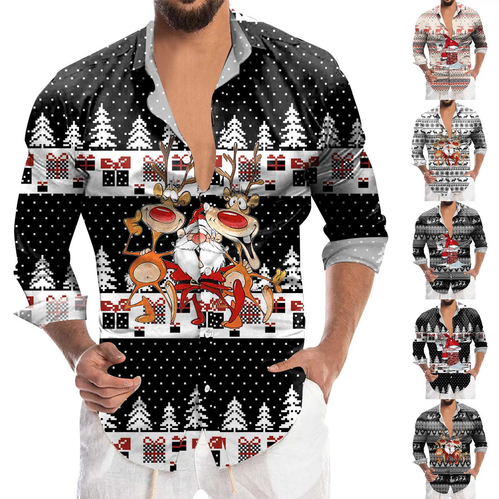 

Мужская Рождественская рубашка с цифровым 3D принтом, праздничная рубашка с лацканами, длинными рукавами и пуговицами, модные рубашки в стиле ретро, топы, мужская одежда