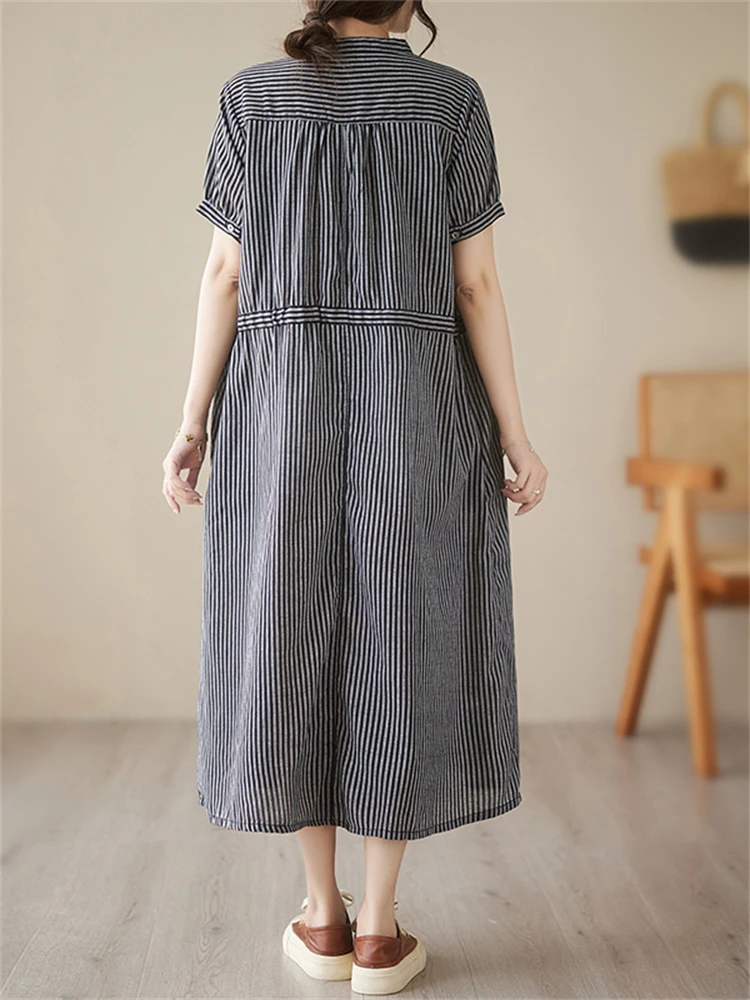 Cotton Vintage Striped Dresses Women 2025 New Summer Casual Loose Short Sleeve Dress Femme Robe Vestidos Elegant Fashion Clothes