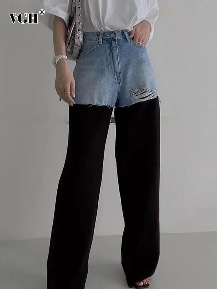 

VGH hit color patchwork denim loose trousers for women high waist spliced pocket casual minimalist wide leg pants female fashion