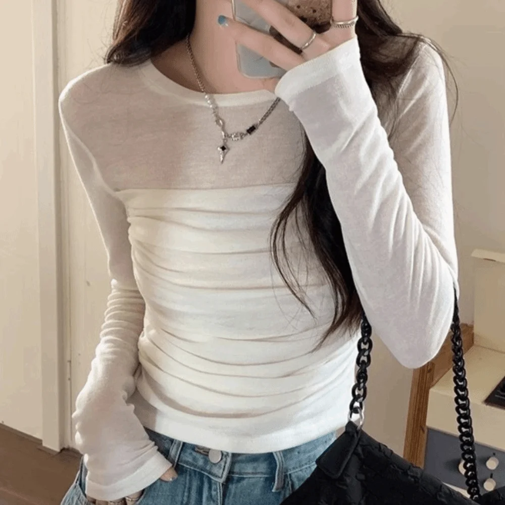 Long Sleeve Slim Long Sleeve T-shirt Transparent Mesh Wrinkle Shape Women Thin Tops Slim Fit Streetwear Korean Style Crop Top