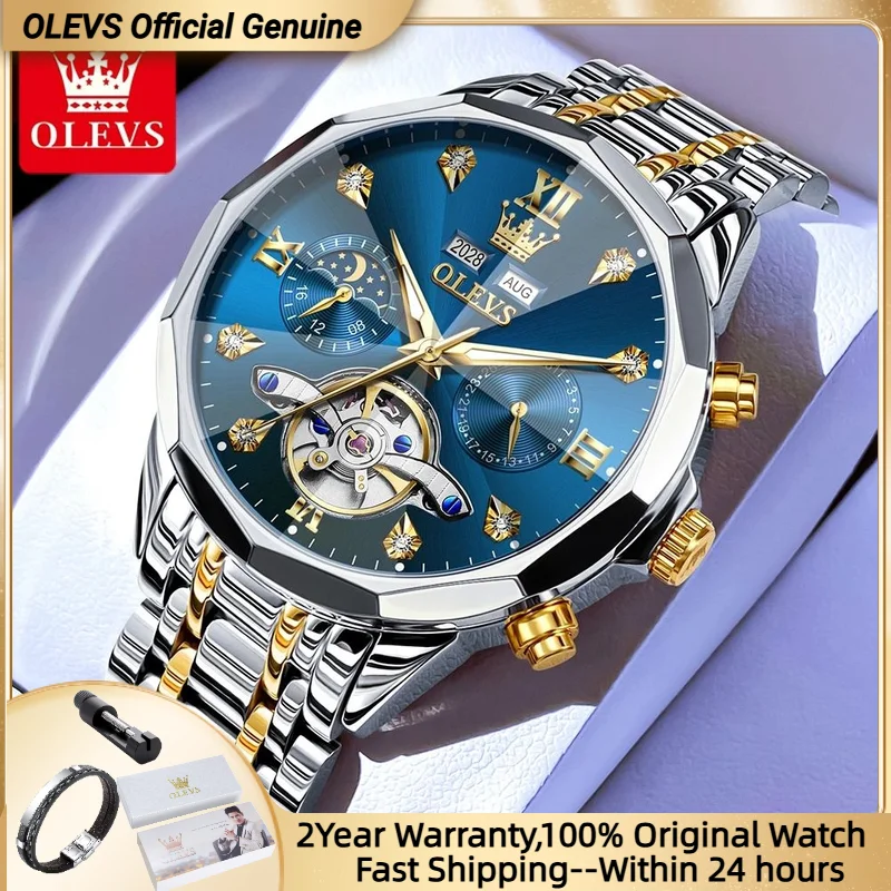 Mechanical Watch OLEVS 6621 Mens Watch High-end Automatic Mechanical Watches Flywheel Hollow Dial Calendar Moon phase Waterproof Man Wristwatch