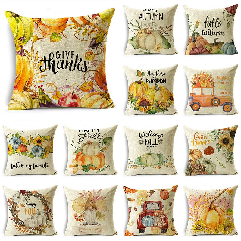 

WZH Pumpkin Car Maple Leaves Autumn Linen Pillowcase for Sofa Couch Bedroom Home Thanksgiving Decor 40cm/45cm and 50cm