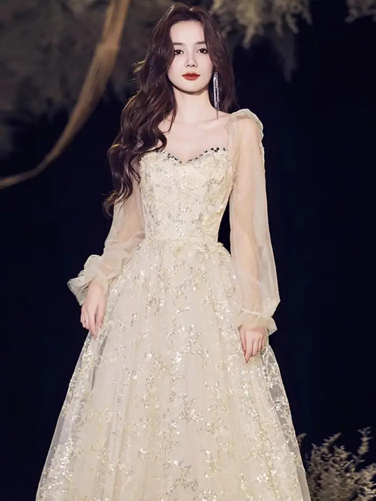

Champagne Evening Dress For Women A-Line Elegant Square Neck Floor-Length Sequin Lace Long Sleeve Slim Waist Prom Banquet Gown