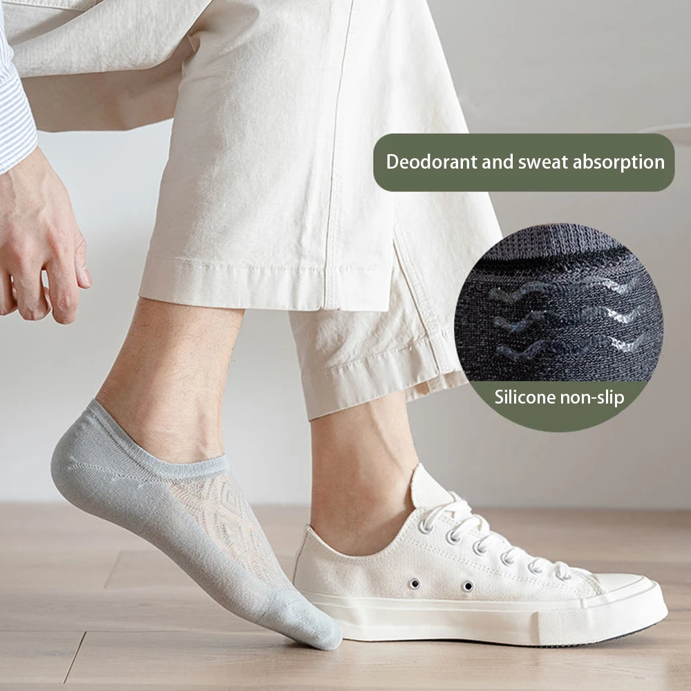 5Pairs Men Cotton Mesh Socks Non-slip Short Silicone Invisible Cotton Boat Socks Summer Solid Color Slipper No Show Ankle Socks