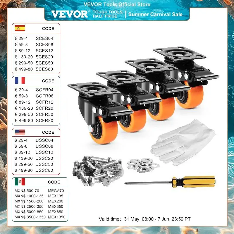 VEVOR Möbelrollen 4er-Set Lenkrollen PVC φ50,8mm Laufrollen 272kg Tragfähigkeit Transportrollen mit Doppelkugellagern Kastenrollen 360° Drehbar Schwerlastrollen für Häusern Büros Studios Fabriken