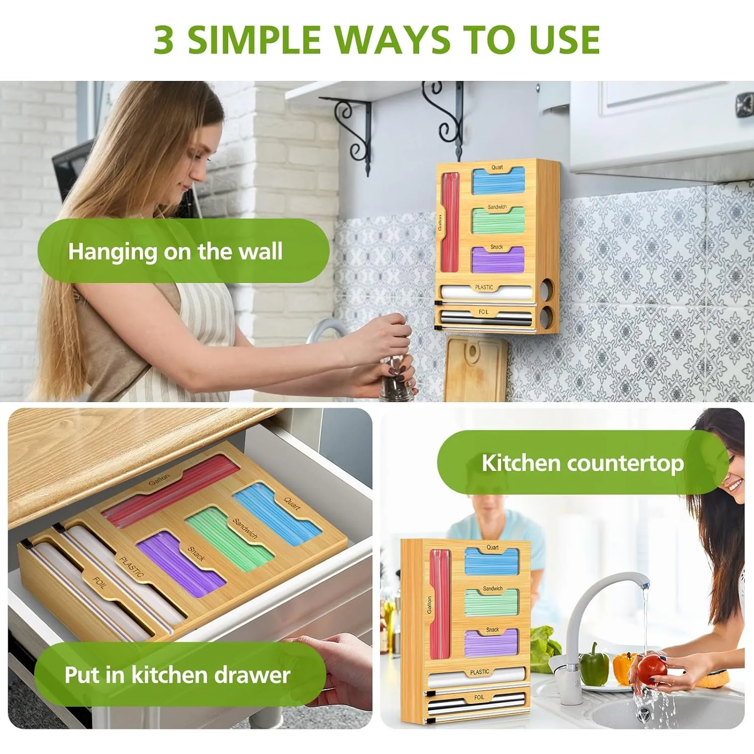 Bag Storage Organizer for Kitchen Drawer, 6 in 1 Foil and Plastic Wrap Dispenser with Cutter, Bamboo Plastic Baggie Organizer ﻿ 6