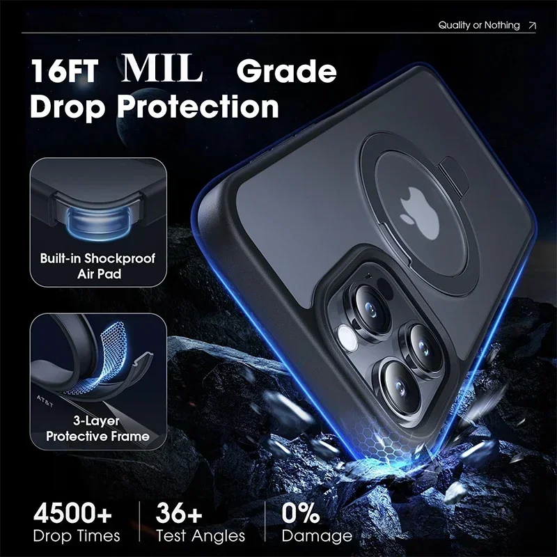 Magnetic Metal Ring Stand Case with Lens Protector - Matte Finish