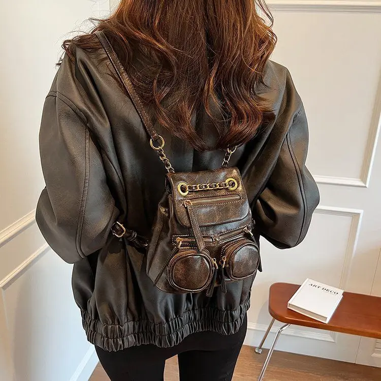 Vintage Mini Size PU Leather Bag Punk Metal Chain Handheld Bags Fashion Versatile Backpack Women's Travel Handsome Backpack