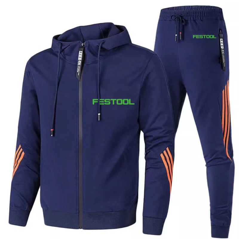 Festool 2023 men's new sportswear spring and autumn striped zipper hooded jogging pants sports popular printing two-piece suit