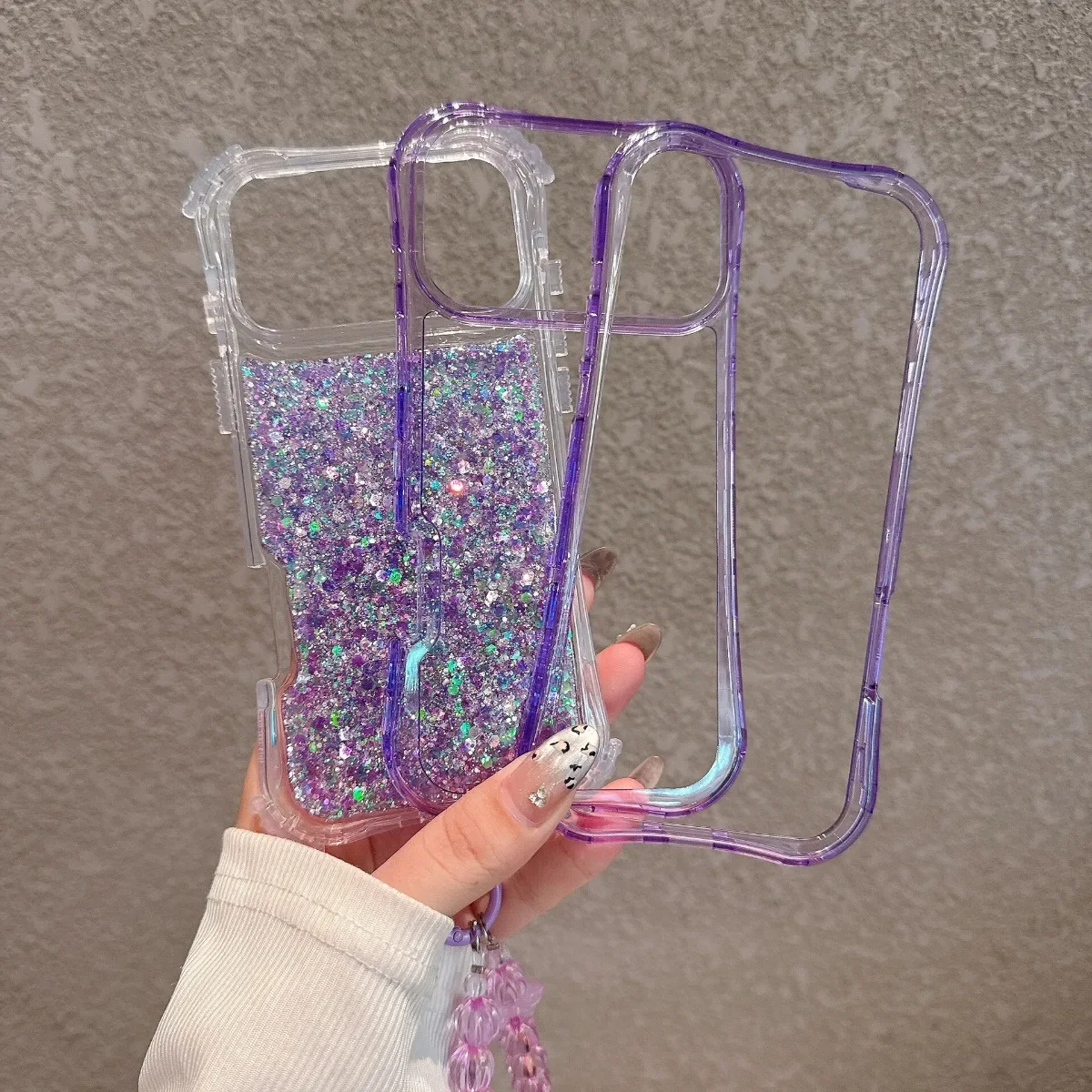 Luxury Bling Glitter Resin Chain Clear Phone Case with 3-Layer Protection and Lanyard