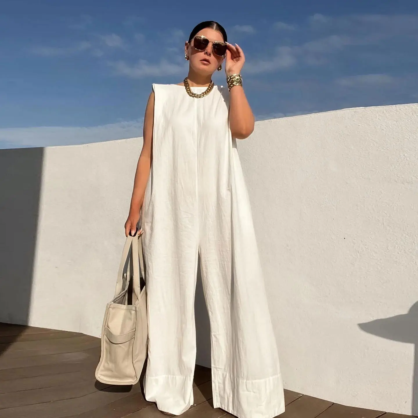 Ladies Bib Pant Suspender Trouser Summer Loose Female Women One-Piece Sleeveless Wide-Leg Rompers Overalls Jumpsuit Streetwear 2