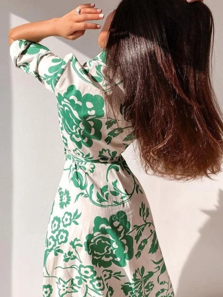 New Printed Short Sleeve Women's Lapel Short Sleeve Dress Shirt Style Casual Button Cardigan Lace Up Medium and Long Skirt