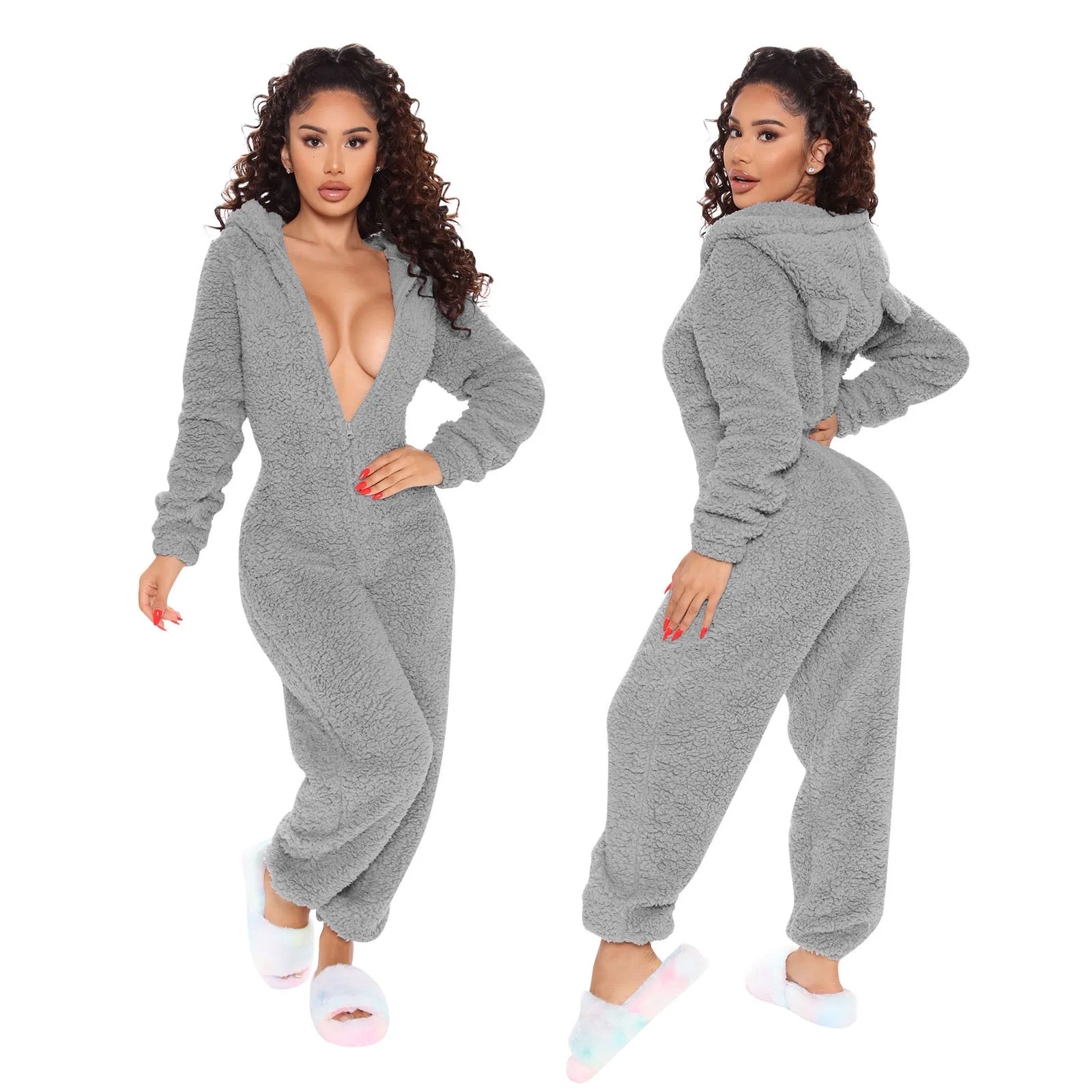 New Autumn and Winter Long Sleeved Hooded Casual Jumpsuit Pants Plush Home Wear Pajamas Cute Jumpsuit Pants momlover spring womens jumpsuit cute fashion heart v neck long sleeve button sleepwear jumpsuit shorts romper for summer